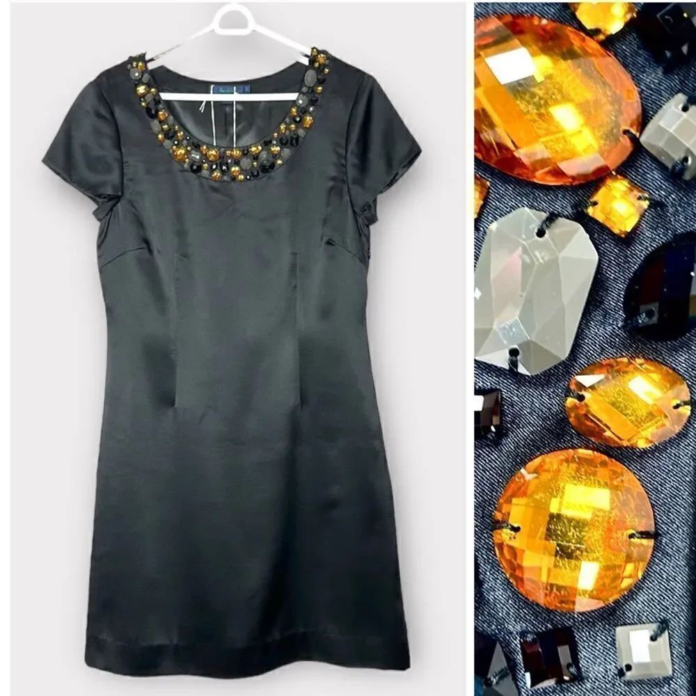 NWT BODEN Silk Satin Jewel Neck
Shift Little Black Dress Short Sleeve UK12 US 8R